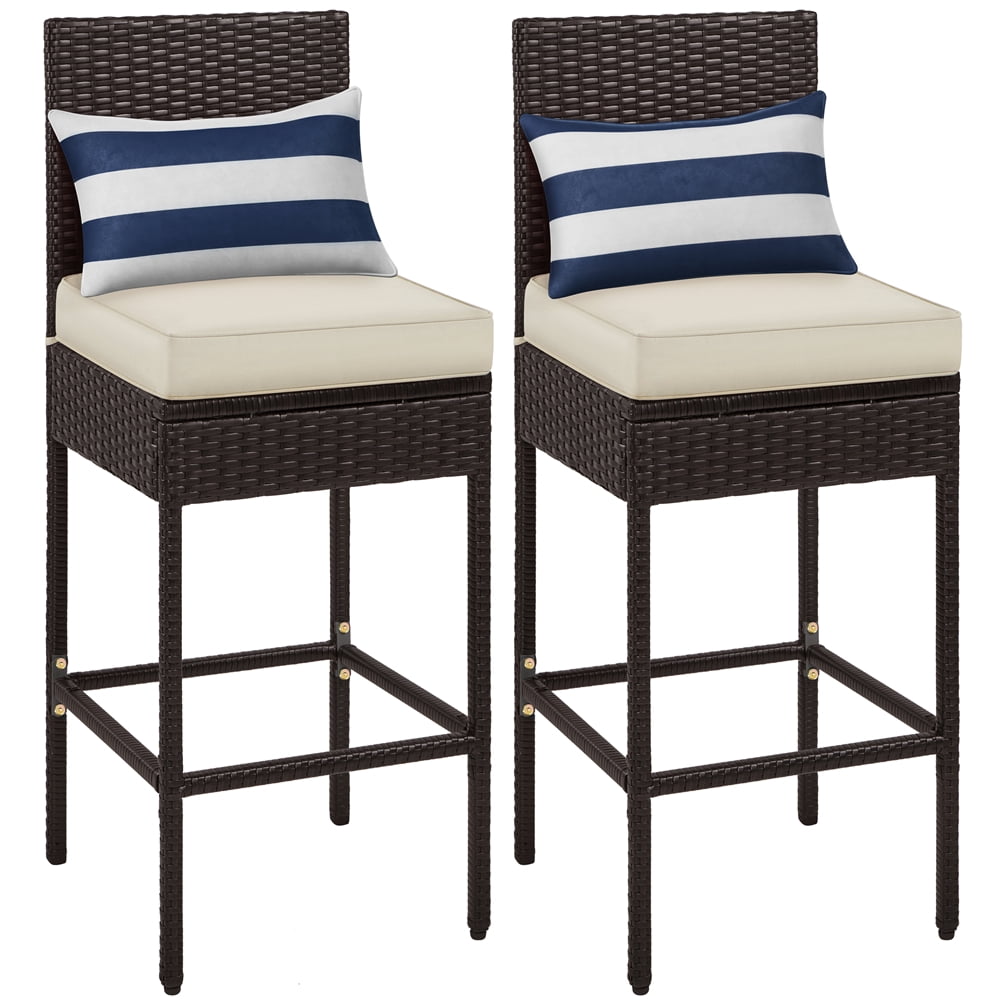 Yaheetech Set of 2 Outdoor Rattan Bar Stool with Padded Seat, Brown ...