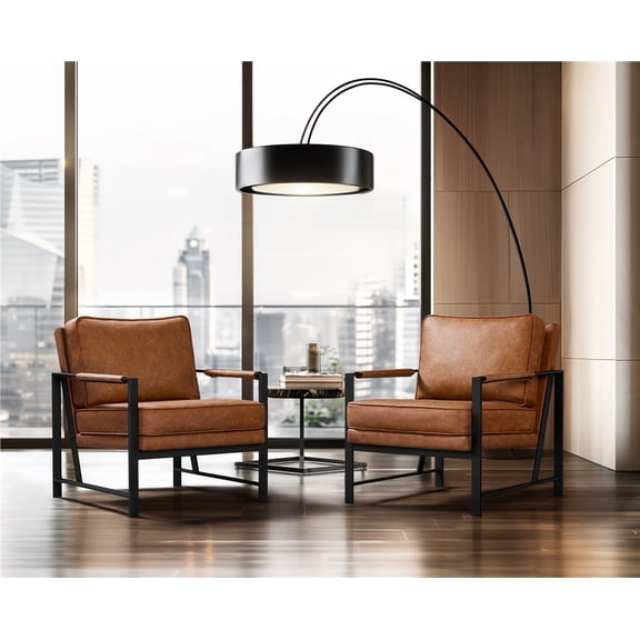 Yaheetech Set of 2 Upholstered Faux Leather Accent Chairs with Metal Arms & Removable Cushion, Light Brown