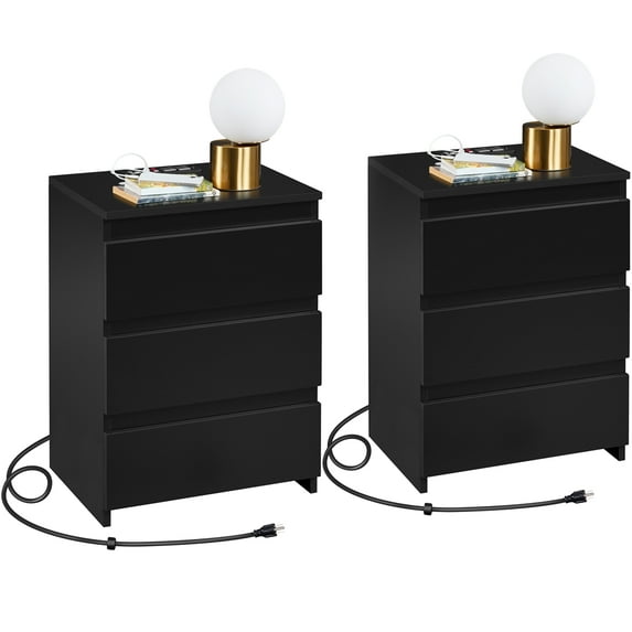 Yaheetech Set of 2 Vertical Nightstand with 3 Drawers and Charging Station,Black