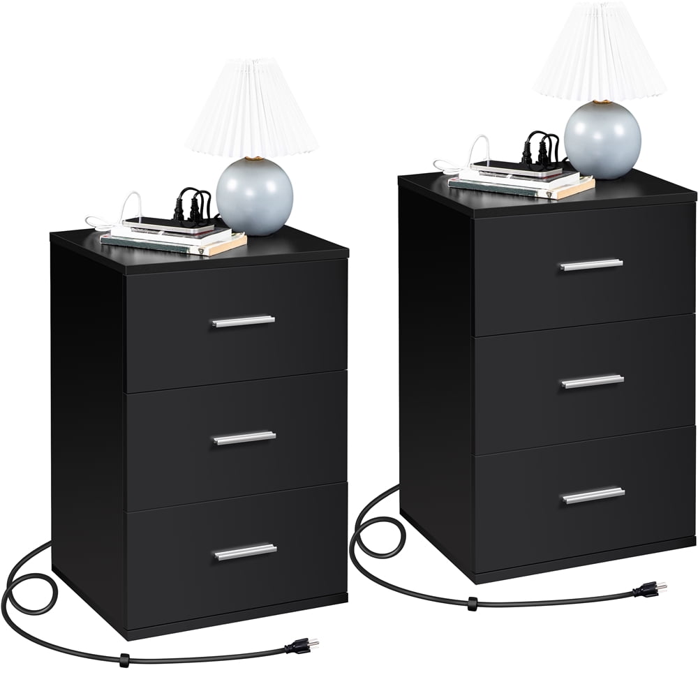 Yaheetech Set of 2 Wooden Nightstand with Charging Station and 3 Storage Drawers,Black