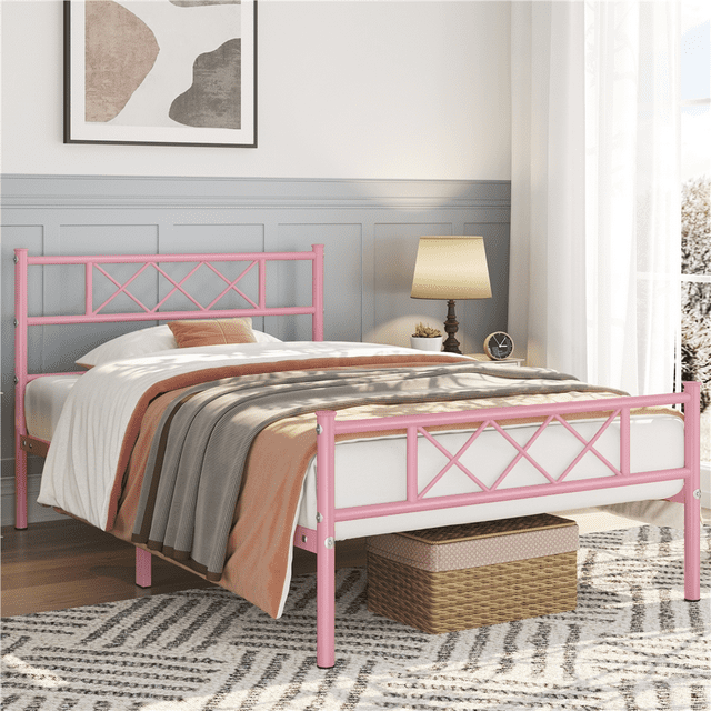 Yaheetech Simple Metal Platform Bed Frame, Twin XL,Pink