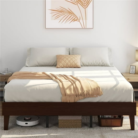 Yaheetech Solid Wood Platform Bed Frame with Wooden Slat Support, Dark Walnut, King