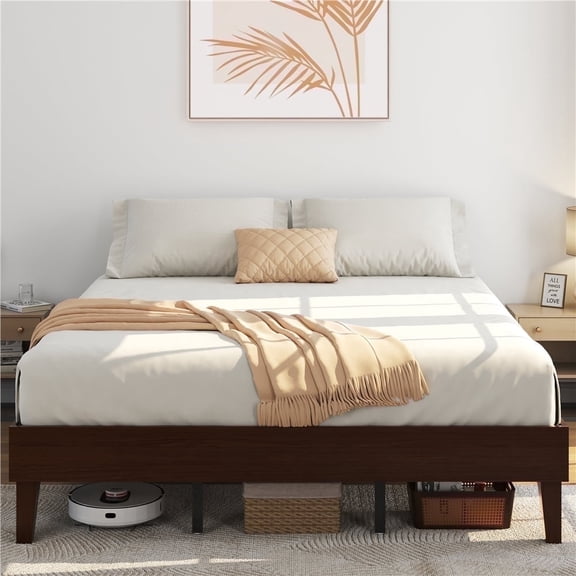 Yaheetech Solid Wood Platform Bed Frame with Wooden Slat Support, Dark Walnut, King