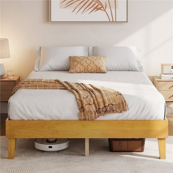 Yaheetech Solid Wood Platform Bed Frame with Wooden Slat Support, Natural Wood, Queen
