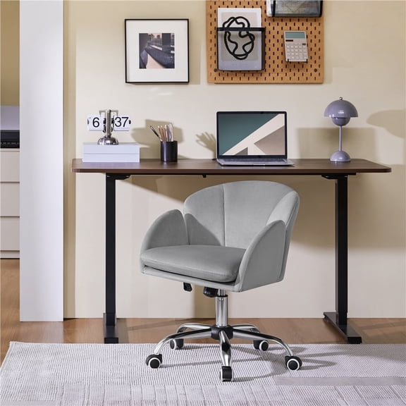 Yaheetech Swivel Rolling Desk Chair Makeup Vanity Chair with Armrests, Light Gray