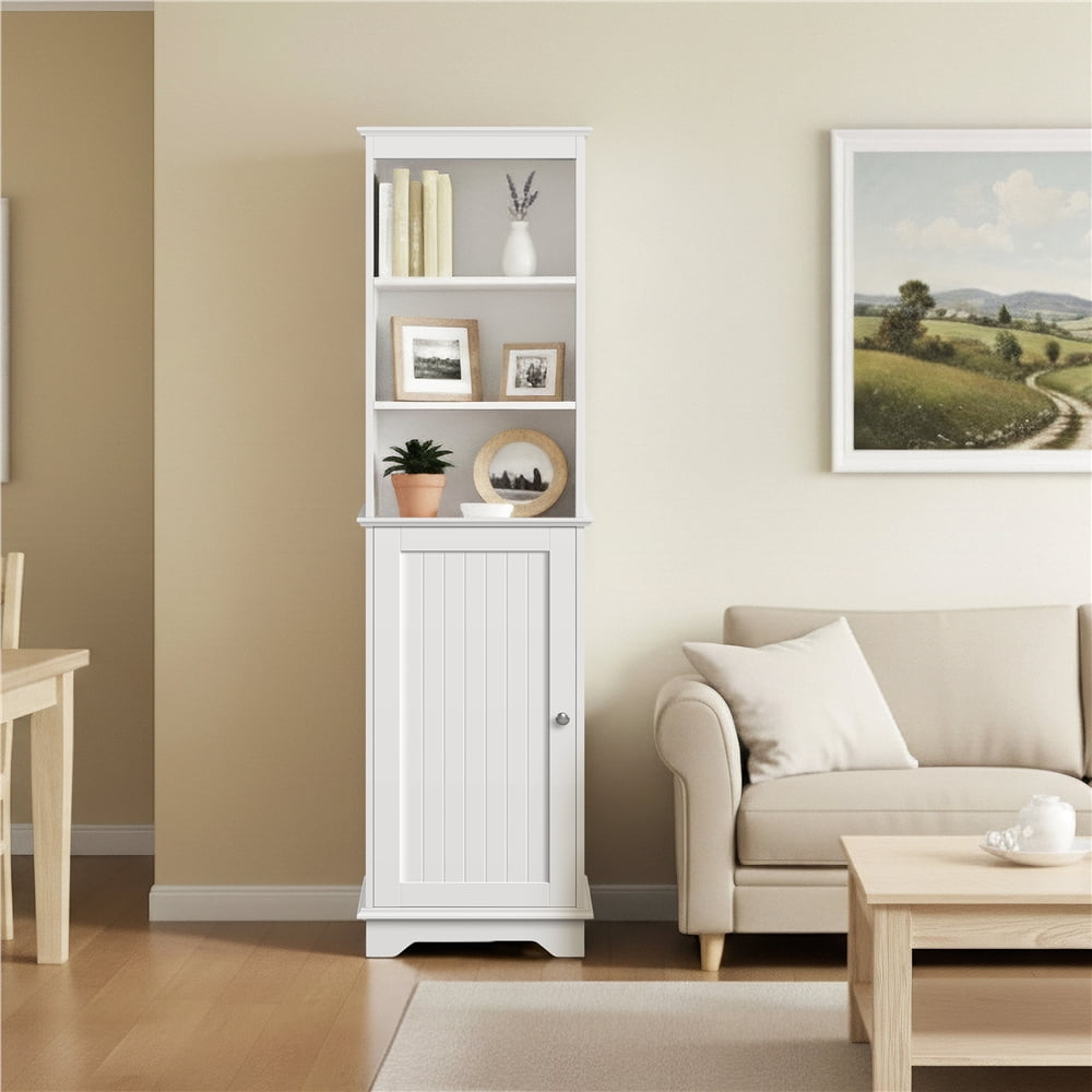 Yaheetech Tall Bathroom Floor Cabinet with Single Door and Shelves, White