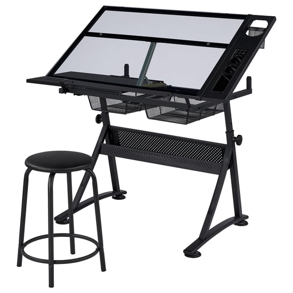 Yaheetech Tempered Glass Adjustable Height Drafting Table with Stool and 2 Drawers, Black