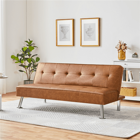 Yaheetech Tufted Faux Leather Sofa Bed Convertible Futon With Chrome Metal Legs, Brown