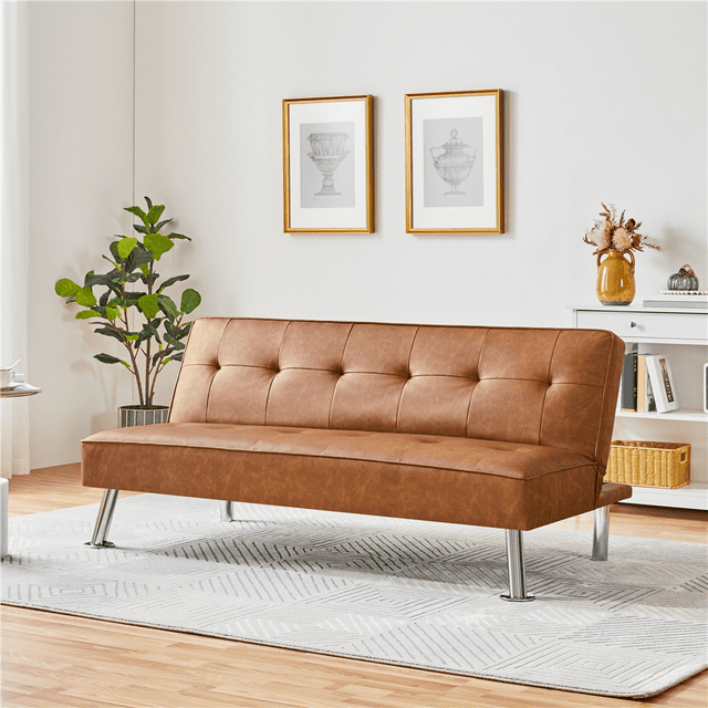 Yaheetech Tufted Faux Leather Sofa Bed Convertible Futon With Chrome