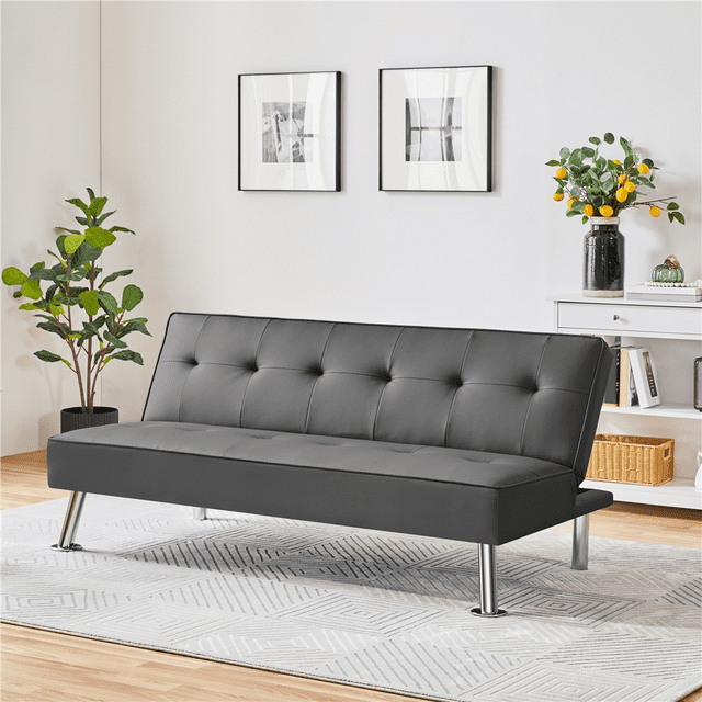 Yaheetech Tufted Faux Leather Sofa Bed Convertible Futon With Chrome