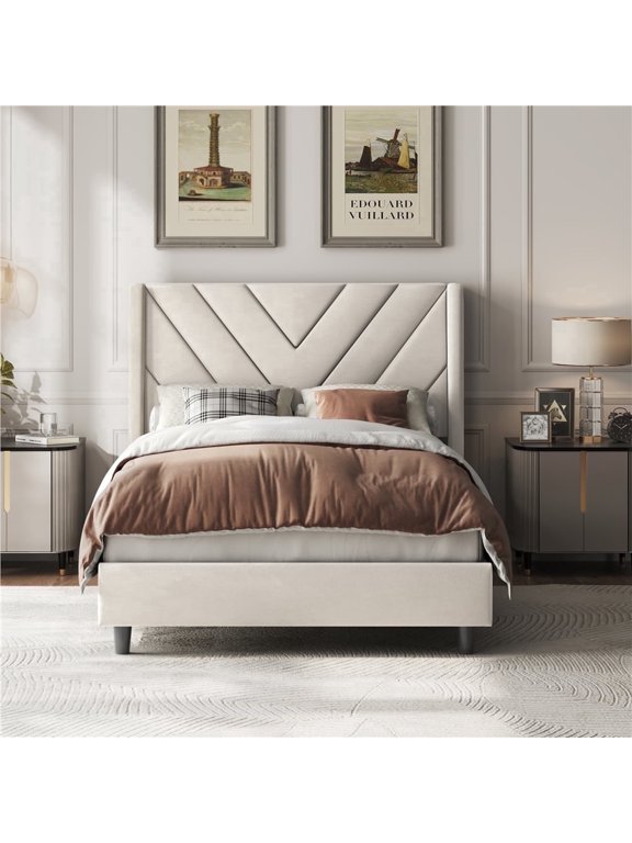 Twin Size Upholstered Platform Bed with Geometric Tufted Headboard, Beige