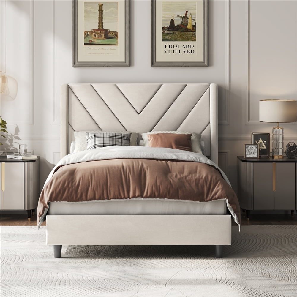 Yaheetech Twin Size Upholstered Platform Bed with Geometric Tufted Headboard, Beige