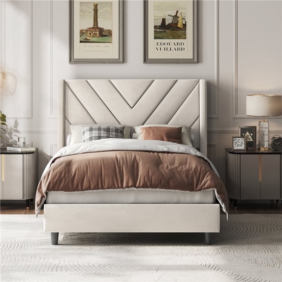 Yaheetech Twin Size Upholstered Platform Bed with Geometric Tufted Headboard, Beige