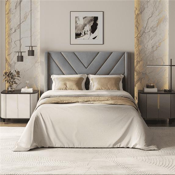 Yaheetech Twin Size Upholstered Platform Bed with Geometric Tufted Headboard, Light Gray