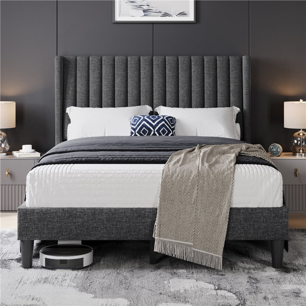 Yaheetech Upholstered Platform Bed Frame with Channel Tufted Headboard, Full, Dark Gray