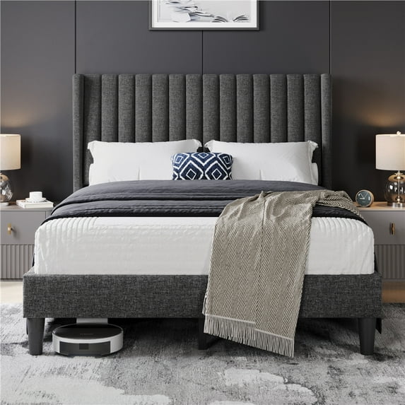 Yaheetech Upholstered Platform Bed Frame with Channel Tufted Headboard, Full, Dark Gray