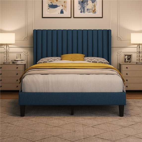 Yaheetech Upholstered Platform Bed Frame with Channel Tufted Headboard, Full, Navy Blue