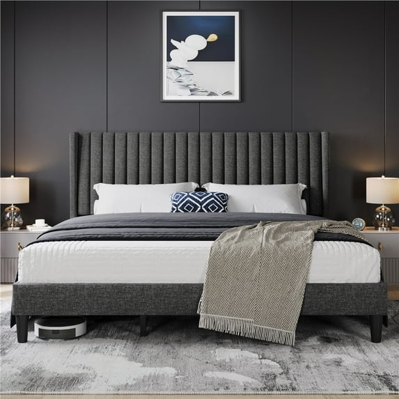 Yaheetech Upholstered Platform Bed Frame with Channel Tufted Headboard, King, Dark Gray