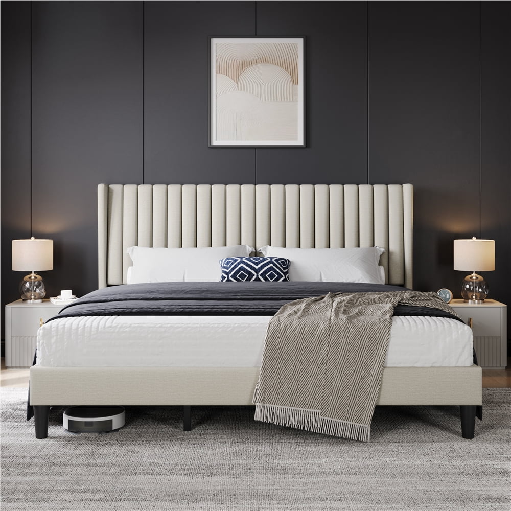 Yaheetech Upholstered Platform Bed Frame with Channel Tufted Headboard, King, Ivory