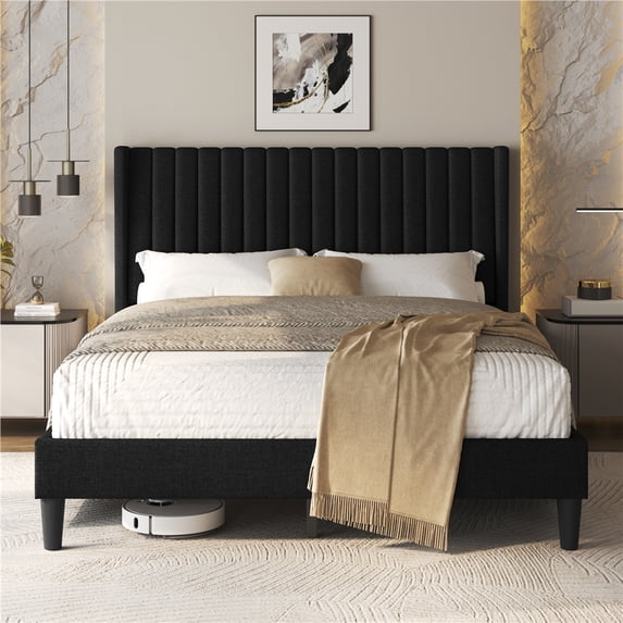 Yaheetech Upholstered Platform Bed Frame with Channel Tufted Headboard, Queen, Black