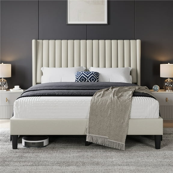 Yaheetech Upholstered Platform Bed Frame with Channel Tufted Headboard, Queen, Ivory