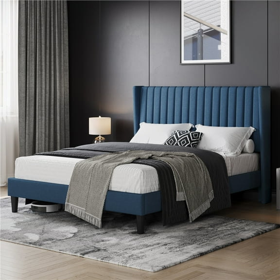 Yaheetech Upholstered Platform Bed Frame with Channel Tufted Headboard, Queen, Navy Blue