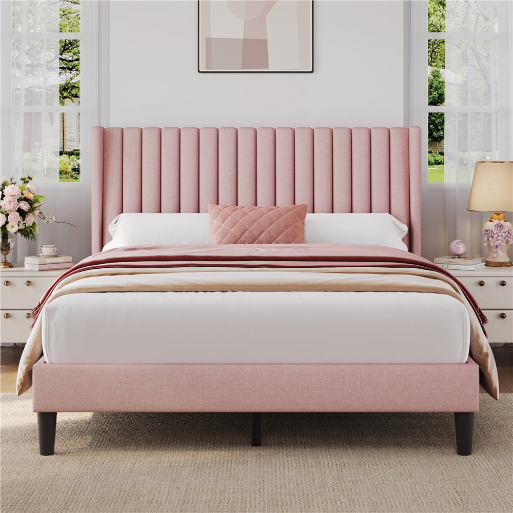 Yaheetech Upholstered Platform Bed Frame with Channel Tufted Headboard, Queen, Pink