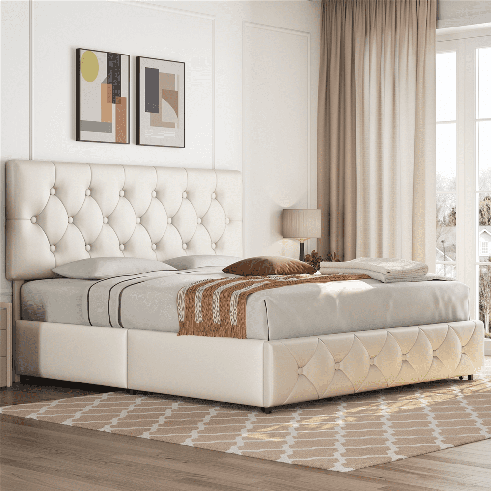 Yaheetech King Size Upholstered Platform Bed Frame With Padded Headboard Storage Beige