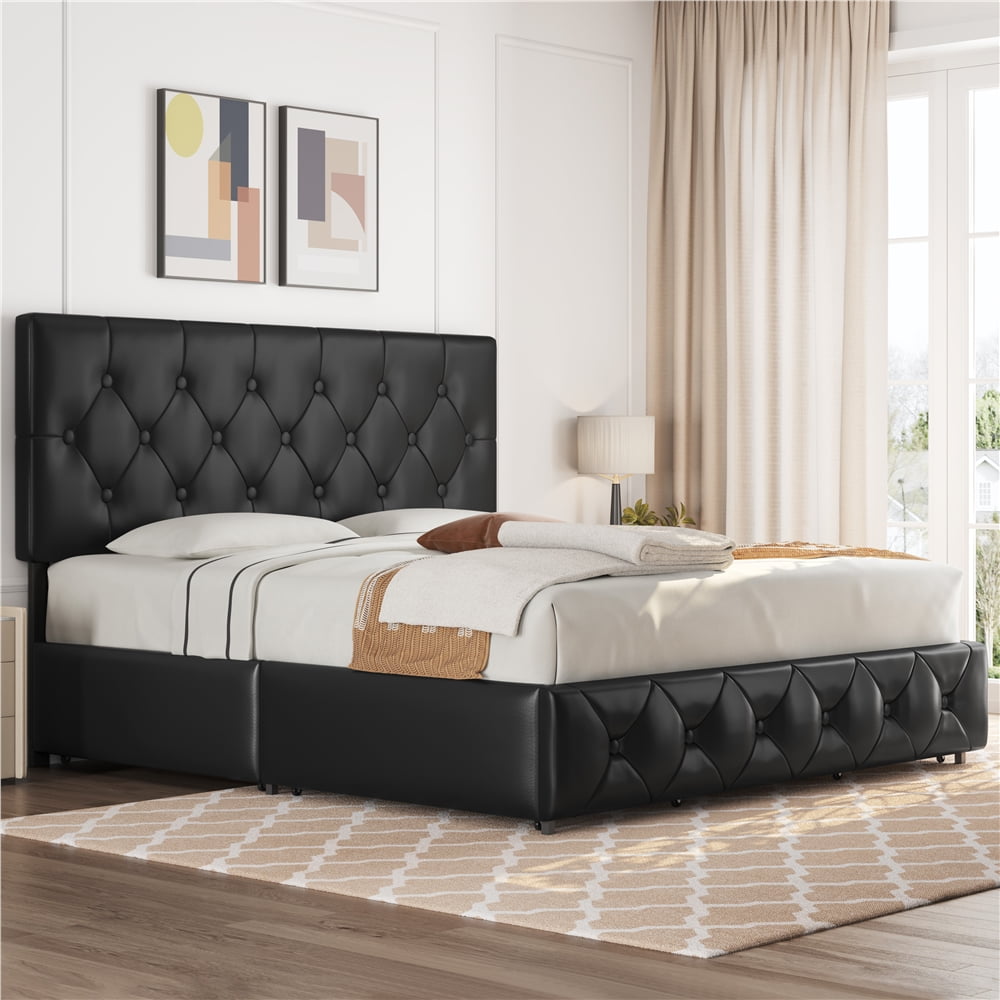 Yaheetech King Size Upholstered Padded Platform Bed Frame with Storage ...