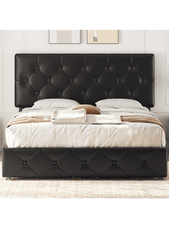Yaheetech Upholstered Platform Bed Frame with Storage, Queen, Black