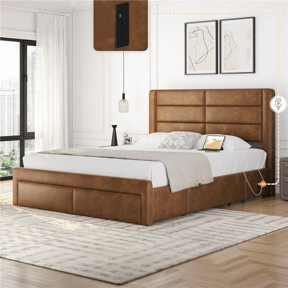 Yaheetech Upholstered Platform Bed Frame with Three Storage Drawers, Queen, Amber Brown