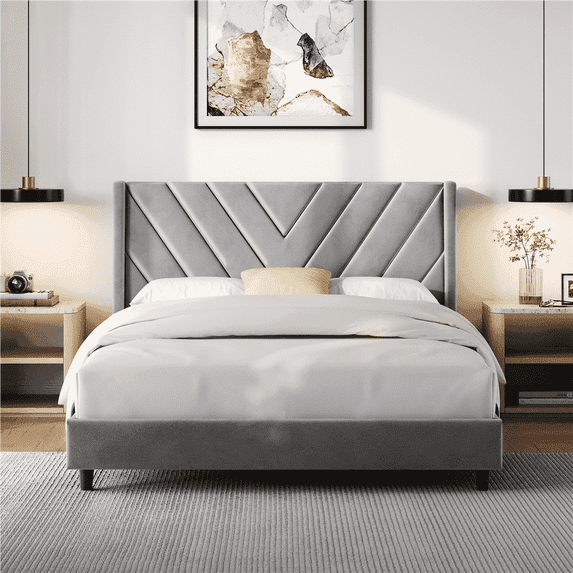 Yaheetech Queen Size Upholstered Platform Bed Frame, Wooden Slat Support, Light Gray
