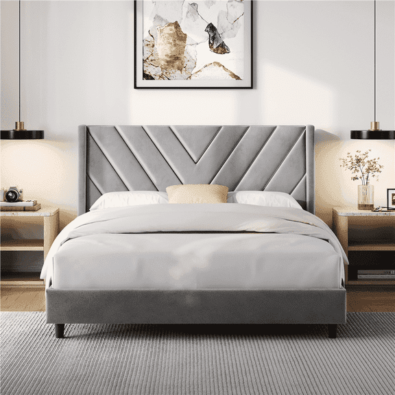 Yaheetech Queen Size Upholstered Platform Bed Frame, Wooden Slat Support, Light Gray
