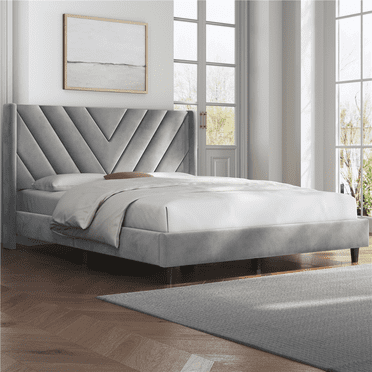 Yaheetech Upholstered Platform Bed Frame with Wooden Slat Support,Queen,Light Gray