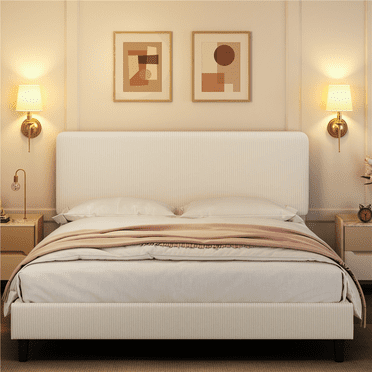 Yaheetech Upholstered Platform Bed with Adjustable Headboard, Queen, Beige