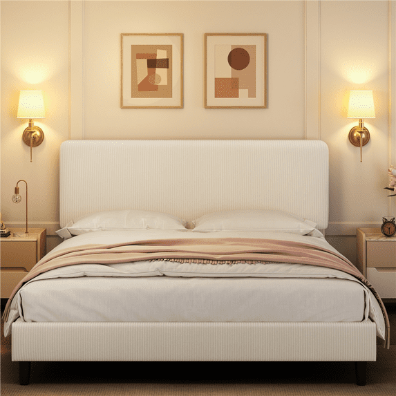 Yaheetech Upholstered Platform Bed with Adjustable Headboard, Queen, Beige