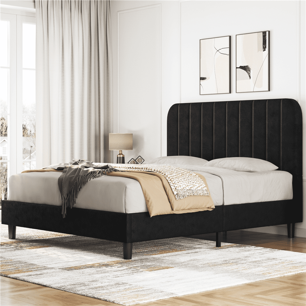 Yaheetech Queen Size Upholstered Platform Bed with Headboard, No Box Spring Required, Black ...