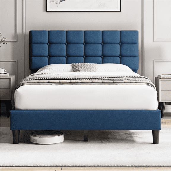 Yaheetech Upholstered Platform Bed with Square Tufted Headboard, Full, Navy Blue