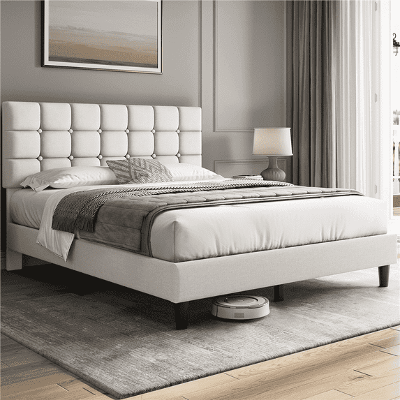 Yaheetech Upholstered Platform Bed with Square Tufted Headboard, Queen, Beige