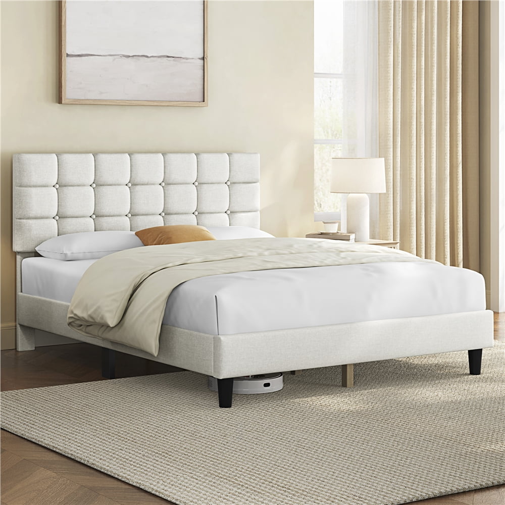 Yaheetech Upholstered Platform Bed with Square Tufted Headboard, Queen, Beige