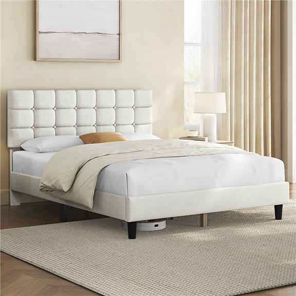 Yaheetech Upholstered Platform Bed with Square Tufted Headboard, Queen, Beige