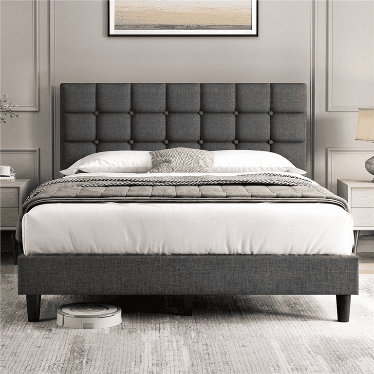 Yaheetech Upholstered Platform Bed with Square Tufted Headboard Queen Dark Gray