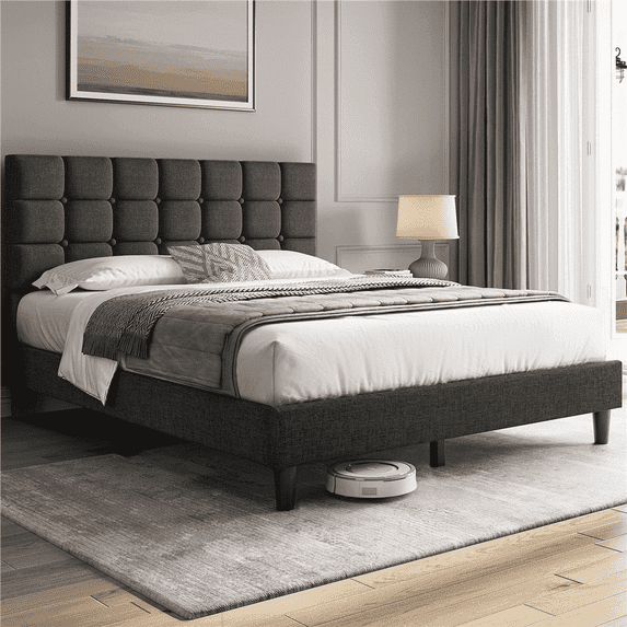 Yaheetech Queen Size Upholstered Platform Bed with Square Tufted Headboard, Dark Gray