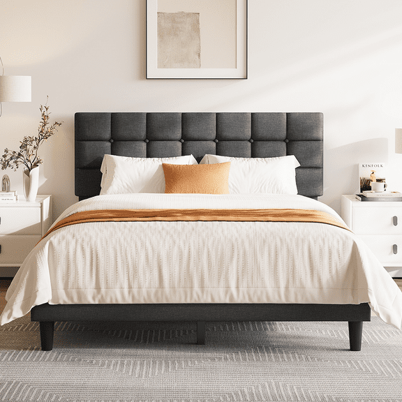 Yaheetech Queen Size Upholstered Platform Bed with Square Tufted Headboard, Dark Gray