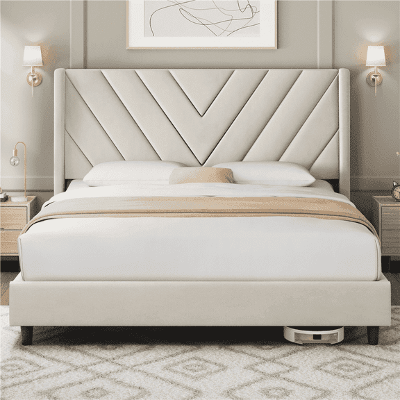 Yaheetech Upholstered Platform Bed with Tufted Headboard, Full, Beige