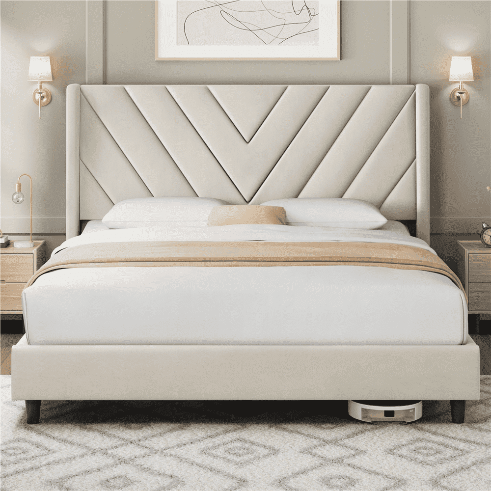 Yaheetech Upholstered Platform Bed with Tufted Headboard, Full, Beige