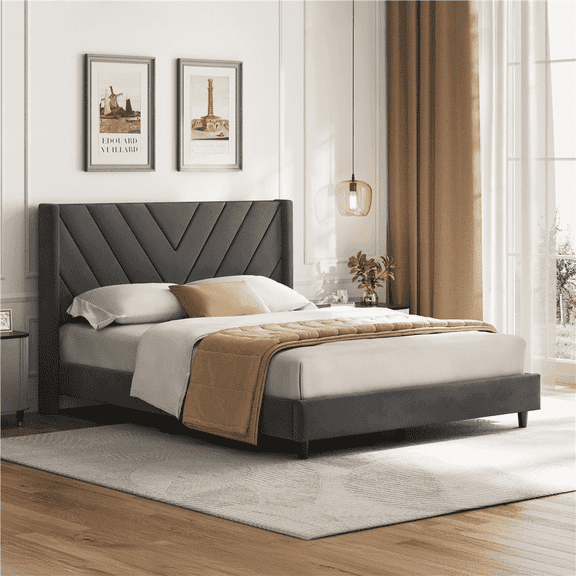 Yaheetech Upholstered Platform Bed with Tufted Headboard, Full, Dark Gray