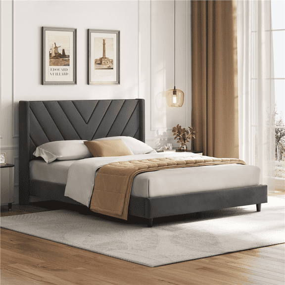 Yaheetech Upholstered Platform Bed with Tufted Headboard, Full, Dark Gray