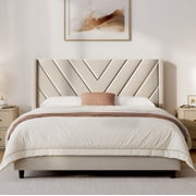 Yaheetech Upholstered Platform Bed with Tufted Headboard, Queen, Beige
