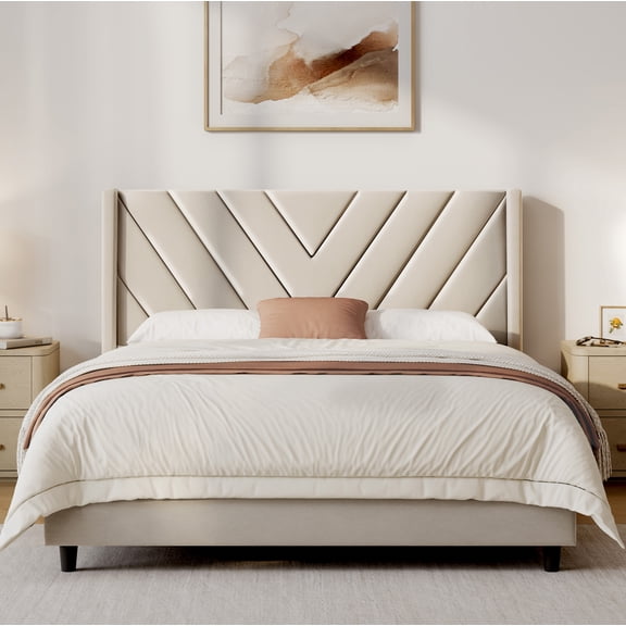 Yaheetech Upholstered Platform Bed with Tufted Headboard, Queen, Beige